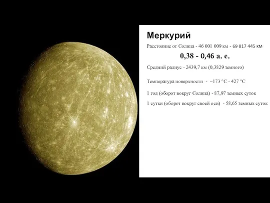 Меркурий Расстояние от Солнца - 46 001 009 км - 69 817