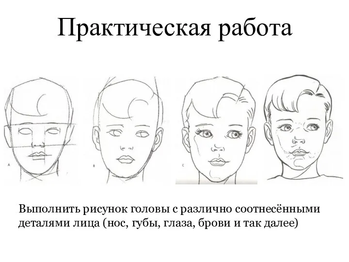 Практическая работа Выполнить рисунок головы с различно соотнесёнными деталями лица (нос, губы,