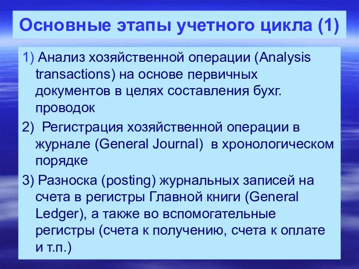 Основные этапы учетного цикла (1) 1) Анализ хозяйственной операции (Analysis transactions) на