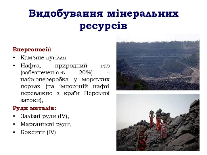 Видобування мінеральних ресурсів Енергоносії: Кам’яне вугілля Нафта, природний газ (забезпеченість 20%) –