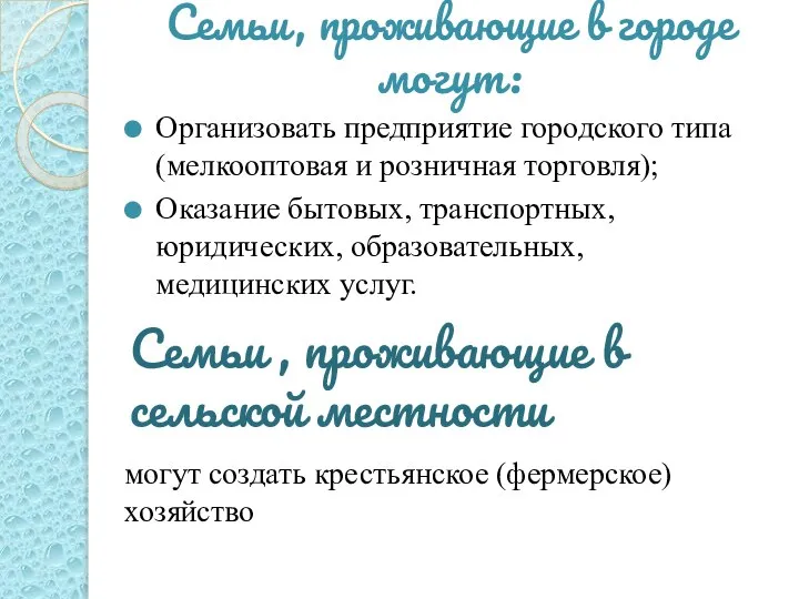 Семьи, проживающие в городе могут: Организовать предприятие городского типа (мелкооптовая и розничная