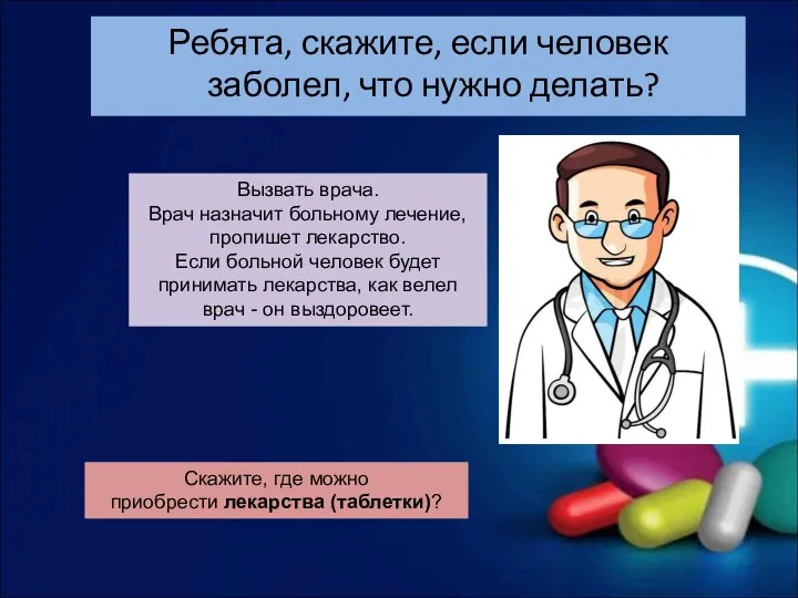 Ребята, скажите, если человек заболел, что нужно делать? Вызвать врача. Врач назначит