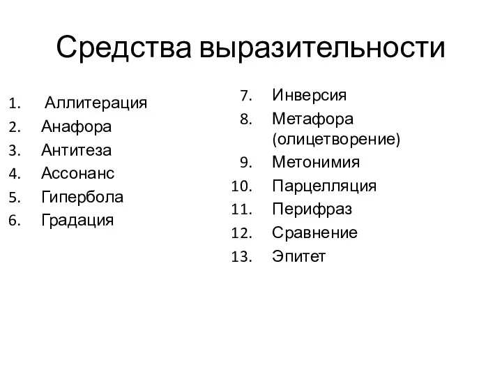 Средства выразительности Аллитерация Анафора Антитеза Ассонанс Гипербола Градация Инверсия Метафора (олицетворение) Метонимия Парцелляция Перифраз Сравнение Эпитет