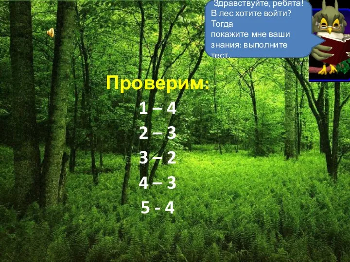 Здравствуйте, ребята! В лес хотите войти? Тогда покажите мне ваши знания: выполните