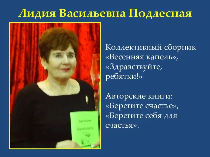 Лидия Васильевна Подлесная Коллективный сборник «Весенняя капель», «Здравствуйте, ребятки!» Авторские книги: «Берегите