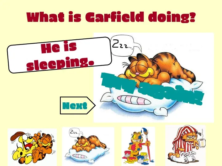 What is Garfield doing? He is sleeping. Try again! Try again! Try again! Next