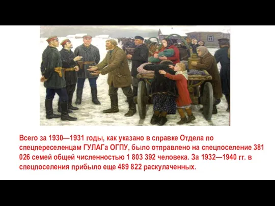 Всего за 1930—1931 годы, как указано в справке Отдела по спецпереселенцам ГУЛАГа