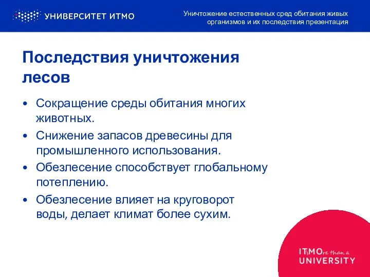 Последствия уничтожения лесов Сокращение среды обитания многих животных. Снижение запасов древесины для