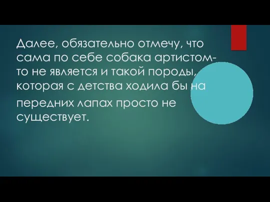 Далее, обязательно отмечу, что сама по себе собака артистом- то не является