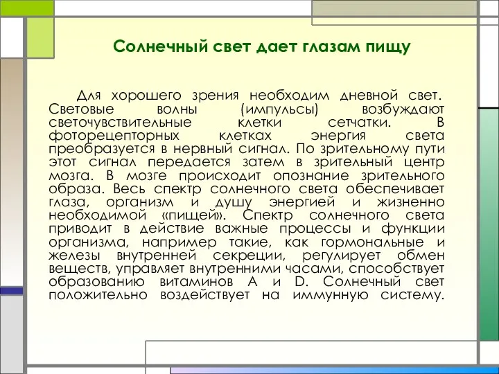 Солнечный свет дает глазам пищу Для хорошего зрения необходим дневной свет. Световые