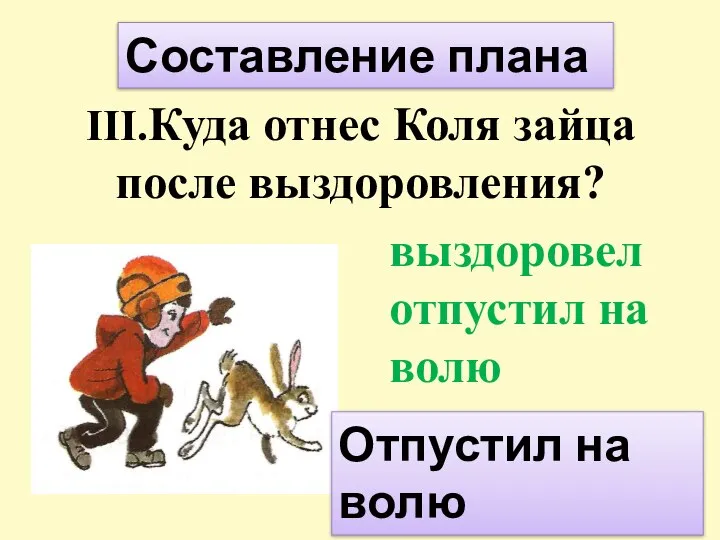 III.Куда отнес Коля зайца после выздоровления? выздоровел отпустил на волю Составление плана Отпустил на волю