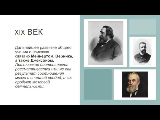 XIX ВЕК Дальнейшее развитие общего учения о психозах связано Мейнертом, Вернике, а