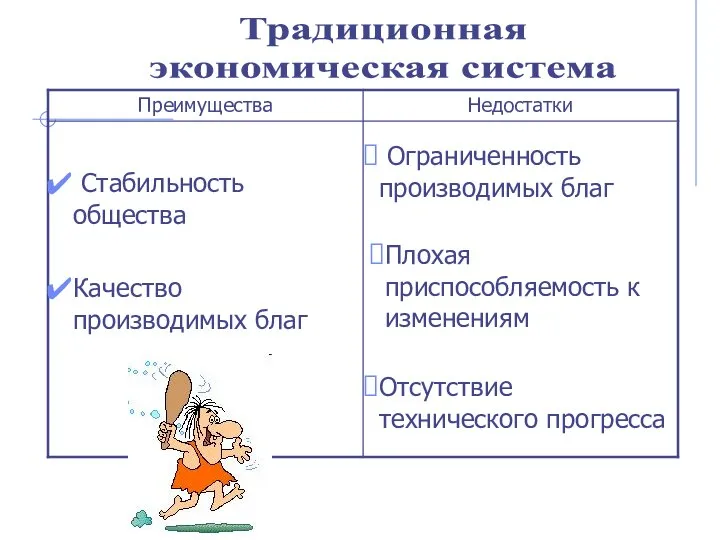 Традиционная экономическая система Стабильность общества Качество производимых благ Ограниченность производимых благ Плохая