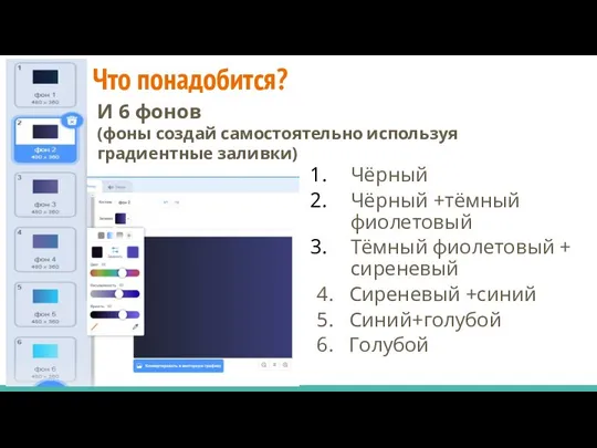 Что понадобится? И 6 фонов (фоны создай самостоятельно используя градиентные заливки) Чёрный