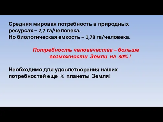 Средняя мировая потребность в природных ресурсах – 2,7 га/человека. Но биологическая емкость