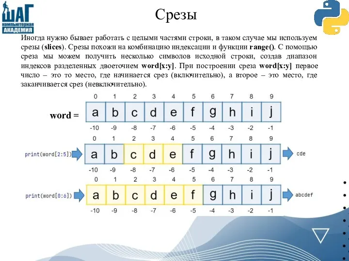 Срезы Иногда нужно бывает работать с целыми частями строки, в таком случае