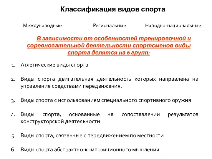 Классификация видов спорта Международные Народно-национальные Региональные В зависимости от особенностей тренировочной и