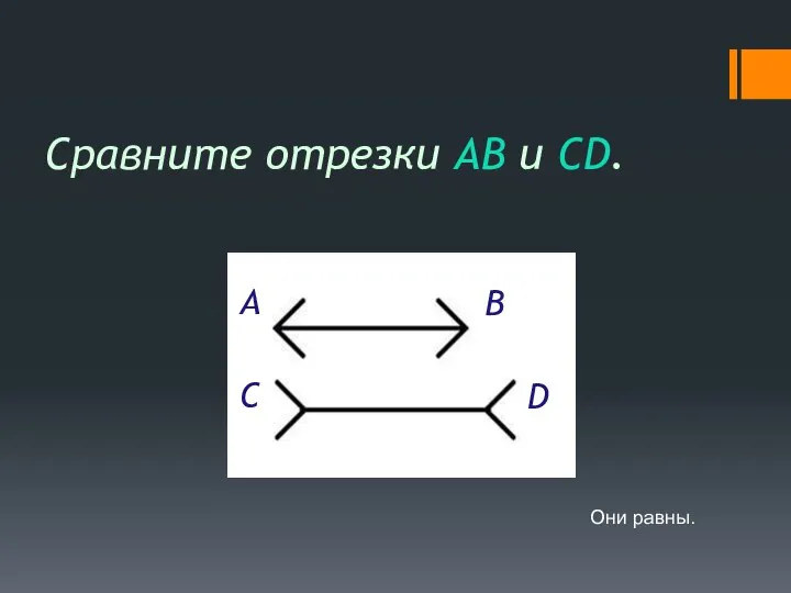 Сравните отрезки AB и CD. A B C D Они равны.
