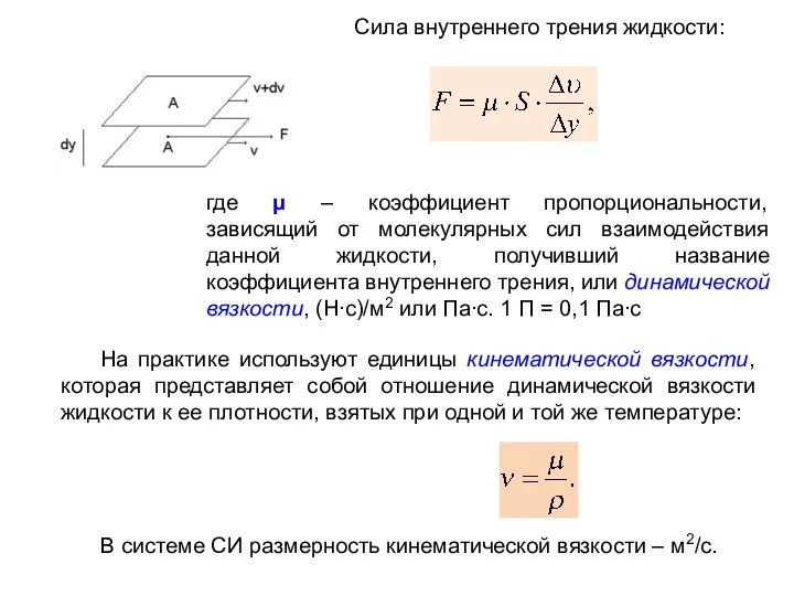 Сила внутреннего трения жидкости: где μ – коэффициент пропорциональности, зависящий от молекулярных