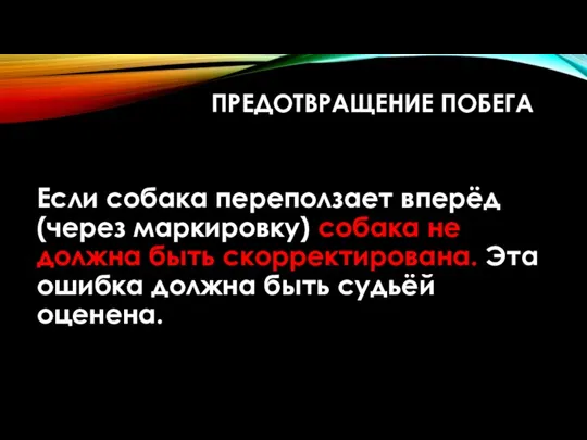 ПРЕДОТВРАЩЕНИЕ ПОБЕГА Если собака переползает вперёд (через маркировку) собака не должна быть