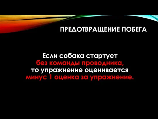 ПРЕДОТВРАЩЕНИЕ ПОБЕГА Если собака стартует без команды проводника, то упражнение оценивается минус 1 оценка за упражнение.