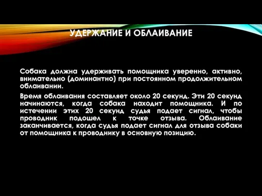 УДЕРЖАНИЕ И ОБЛАИВАНИЕ Собака должна удерживать помощника уверенно, активно, внимательно (доминантно) при