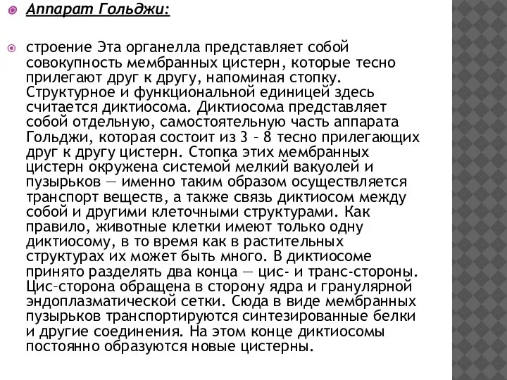 Аппарат Гольджи: строение Эта органелла представляет собой совокупность мембранных цистерн, которые тесно