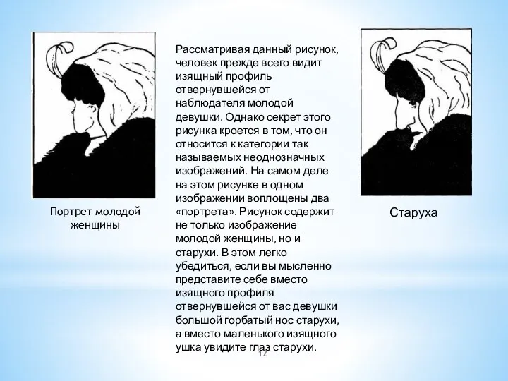 Портрет молодой женщины Старуха Рассматривая данный рисунок, человек прежде всего видит изящный