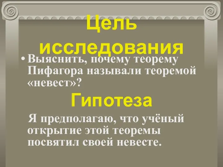 Цель исследования Выяснить, почему теорему Пифагора называли теоремой «невест»? Гипотеза Я предполагаю,