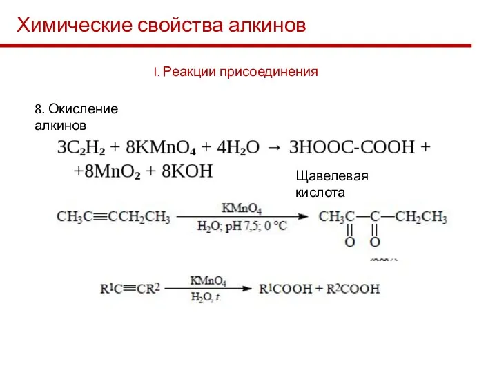 Химические свойства алкинов I. Реакции присоединения 8. Окисление алкинов Щавелевая кислота