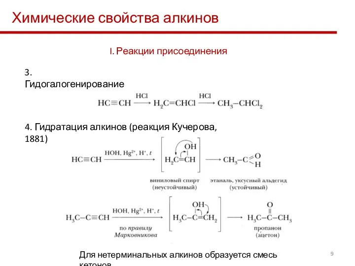 Химические свойства алкинов I. Реакции присоединения 3. Гидогалогенирование 4. Гидратация алкинов (реакция