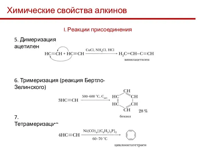Химические свойства алкинов I. Реакции присоединения 6. Тримеризация (реакция Бертло-Зелинского) 5. Димеризация ацетилена 7. Тетрамеризация