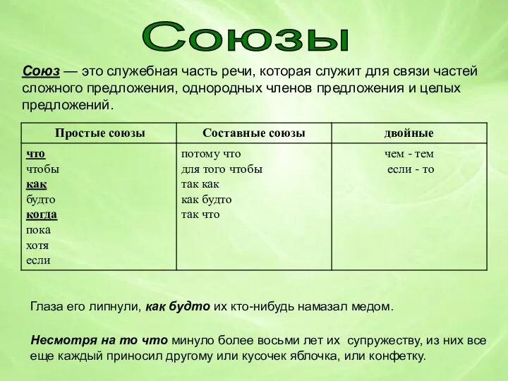 Союзы Союз — это служебная часть речи, которая служит для связи частей