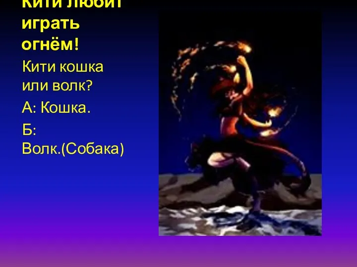 Кити любит играть огнём! Кити кошка или волк? А: Кошка. Б: Волк.(Собака)