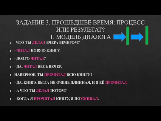 ЗАДАНИЕ 3. ПРОШЕДШЕЕ ВРЕМЯ: ПРОЦЕСС ИЛИ РЕЗУЛЬТАТ? 1. МОДЕЛЬ ДИАЛОГА - ЧТО