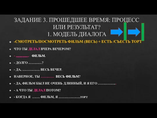 ЗАДАНИЕ 3. ПРОШЕДШЕЕ ВРЕМЯ: ПРОЦЕСС ИЛИ РЕЗУЛЬТАТ? 1. МОДЕЛЬ ДИАЛОГА -СМОТРЕТЬ/ПОСМОТРЕТЬ ФИЛЬМ