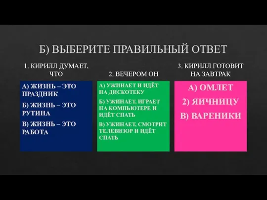 Б) ВЫБЕРИТЕ ПРАВИЛЬНЫЙ ОТВЕТ 1. КИРИЛЛ ДУМАЕТ, ЧТО А) ЖИЗНЬ – ЭТО