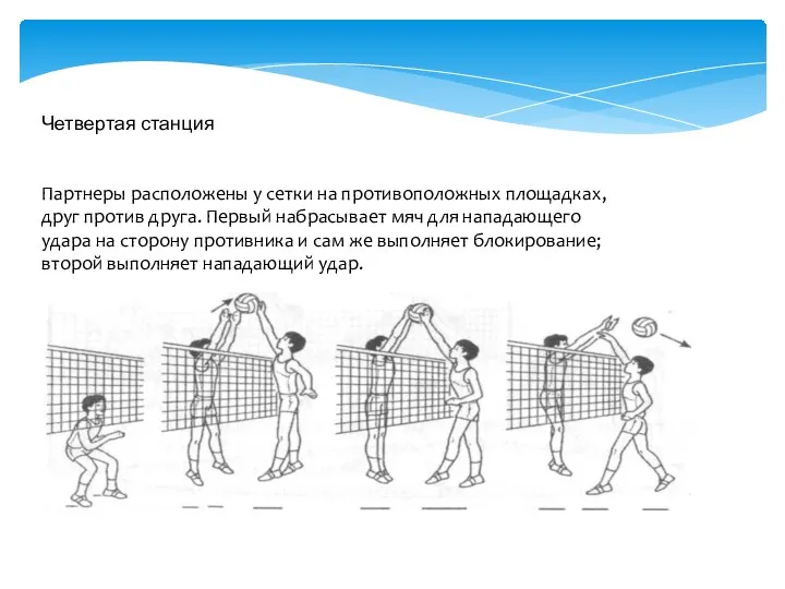 Четвертая станция Партнеры расположены у сетки на противоположных площадках, друг против друга.