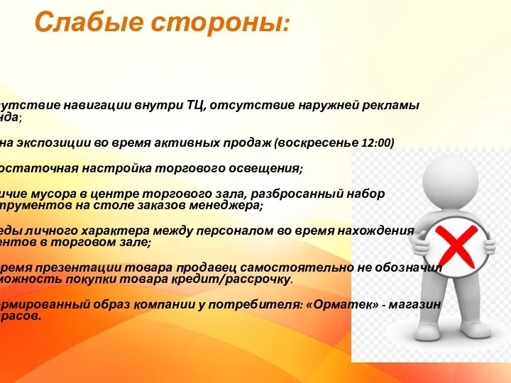 Слабые стороны: Отсутствие навигации внутри ТЦ, отсутствие наружней рекламы бренда; Смена экспозиции