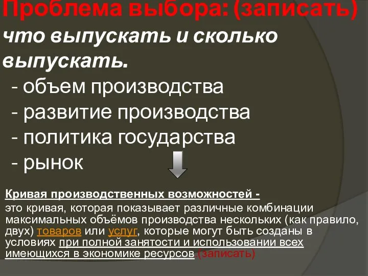 Проблема выбора: (записать) что выпускать и сколько выпускать. - объем производства -