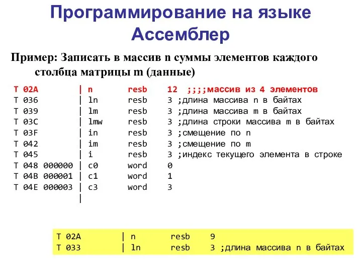 Программирование на языке Ассемблер Пример: Записать в массив n суммы элементов каждого