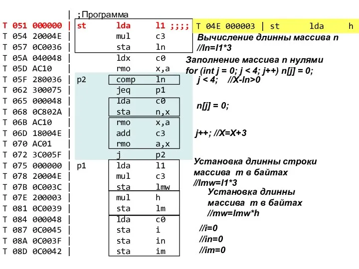 T 04E 000003 | st lda h Вычисление длинны массива n //ln=l1*3