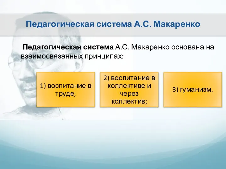 Педагогическая система А.С. Макаренко Педагогическая система А.С. Макаренко основана на взаимосвязанных принципах: