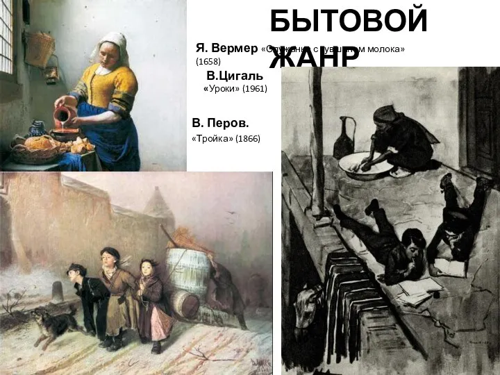 БЫТОВОЙ ЖАНР В. Перов. «Тройка» (1866) Я. Вермер «Служанка с кувшином молока» (1658) В.Цигаль «Уроки» (1961)