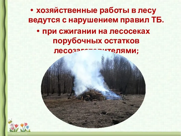 хозяйственные работы в лесу ведутся с нарушением правил ТБ. при сжигании на лесосеках порубочных остатков лесозаготовителями;