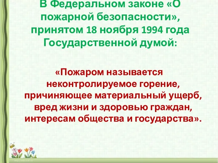 В Федеральном законе «О пожарной безопасности», принятом 18 ноября 1994 года Государственной