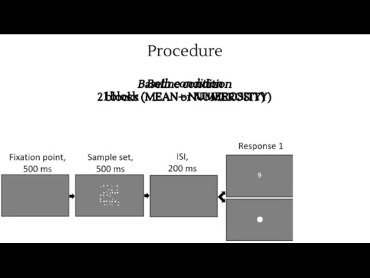 Procedure Baseline condition 2 blocks (MEAN or NUMEROSITY) Both condition 1 block (MEAN+ NUMEROSITY)