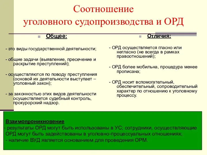 Соотношение уголовного судопроизводства и ОРД Общее: - это виды государственной деятельности; -