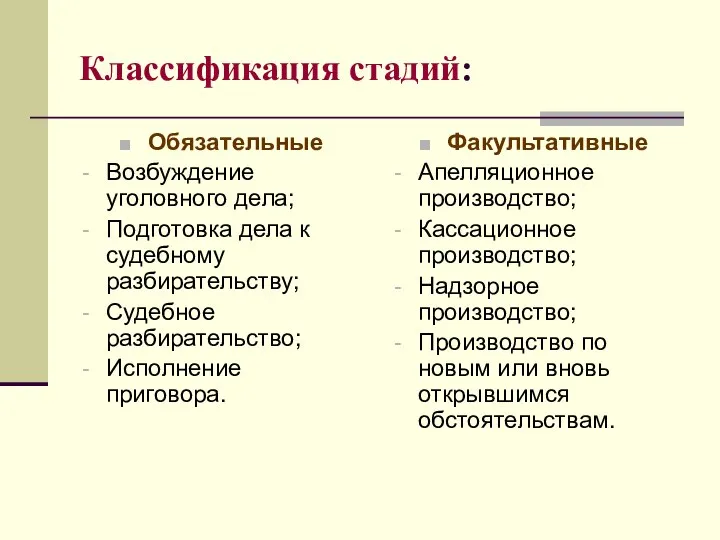 Классификация стадий: Обязательные Возбуждение уголовного дела; Подготовка дела к судебному разбирательству; Судебное