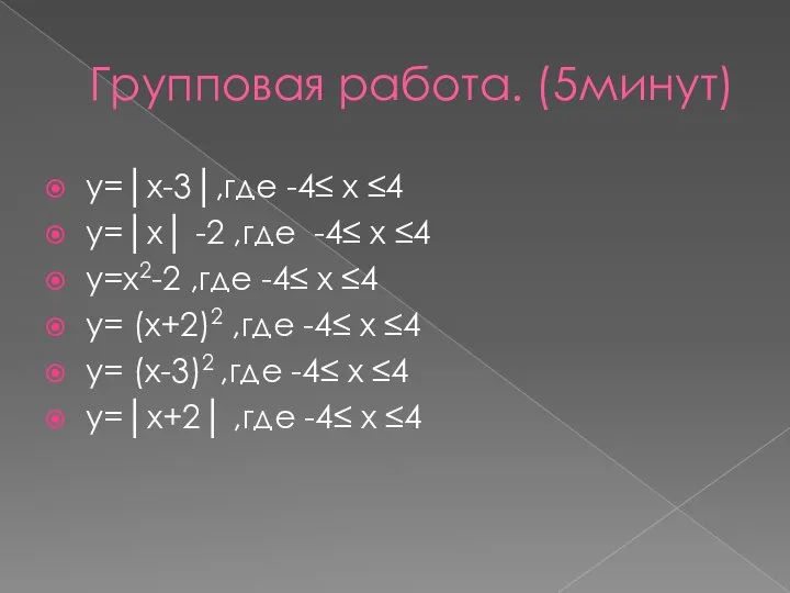 Групповая работа. (5минут) у=│х-3│,где -4≤ х ≤4 у=│х│ -2 ,где -4≤ х